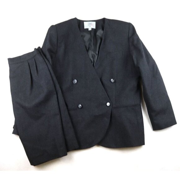WOMEN'S GRAY 100% WOOL DOUBLE-BREASTED SKIRT SUIT - AMANDA SMITH - SIZE 14P - Picture 1 of 10
